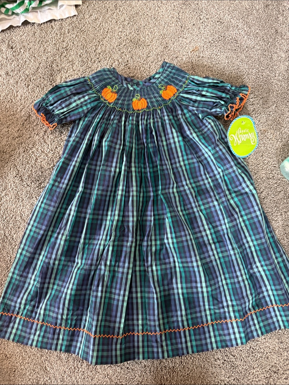 Classic Whimsy Girls' Green & Navy Plaid Smocked Pumpkin Dress